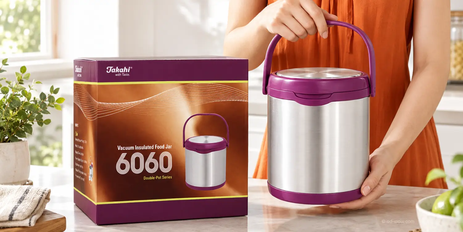 Takahi vacuum insulated food jar 6060 packaging box design with product in use